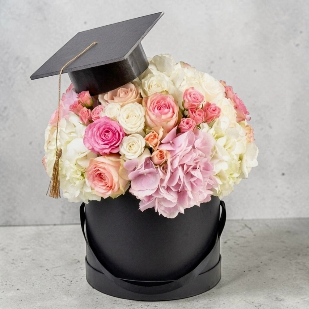 Grand Graduation Hydrangea and Roses Arrangement with Graduation Hat Topper
